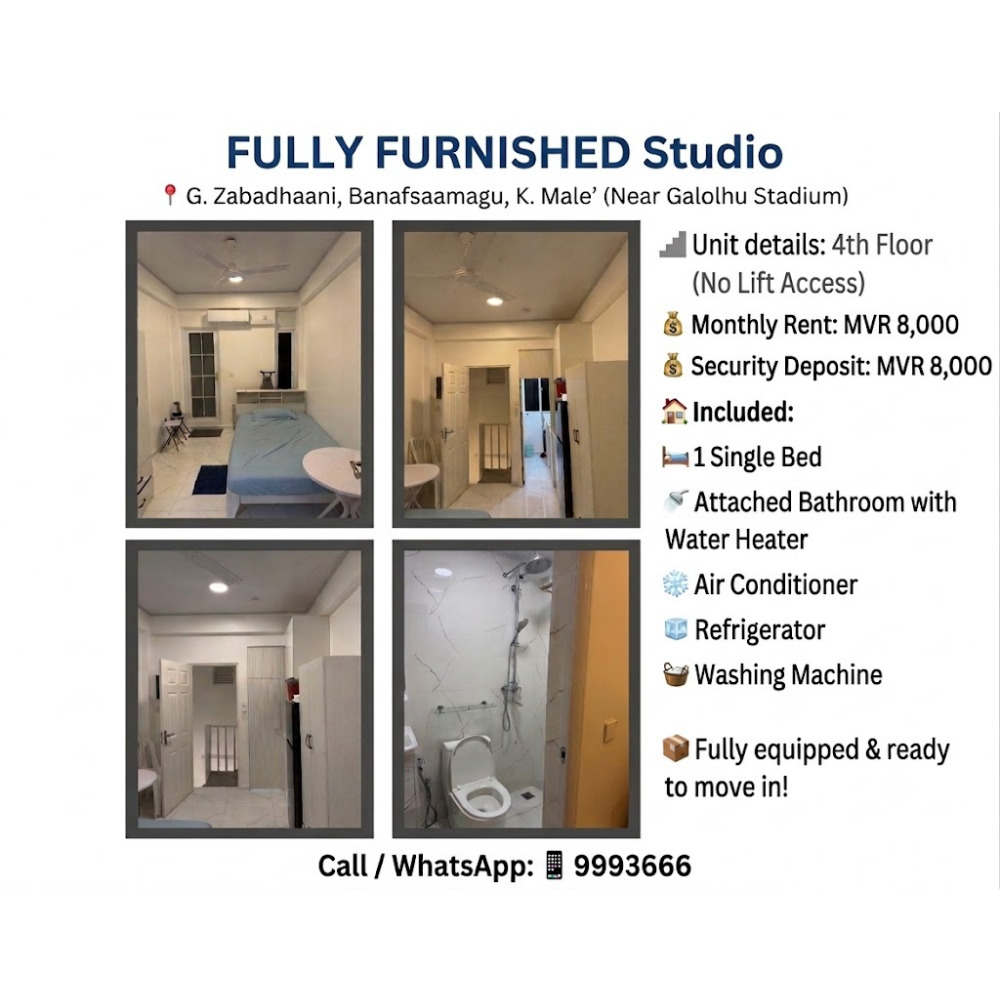 Fully furnished studio for Rent. MVR 8000 — Malé — Galolhu