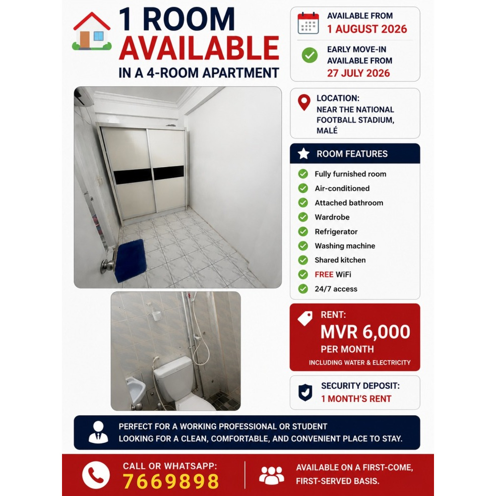 1 Rooms Available in a 4-Room Apartment (7669898) — Malé — Galolhu