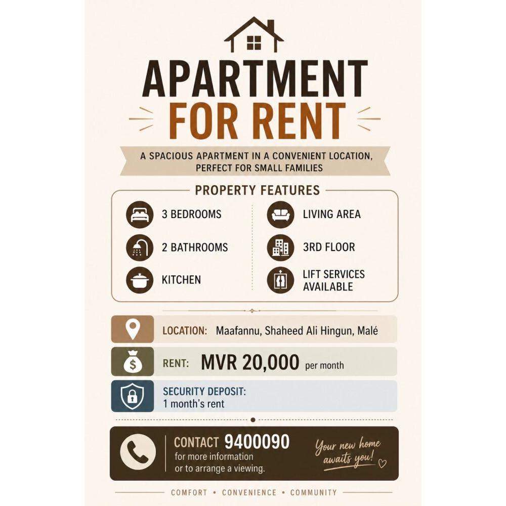3 ROOMS APARTMENT FOR RENT in Male - 9400090 — Malé — Maafannu