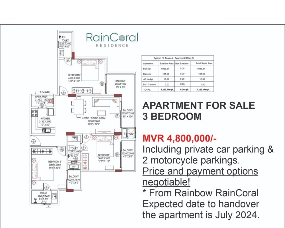 3 BEDROOM BRAND NEW APARTMENT FROM RAINCORAL TOWER FOR SALE! — Hulhumalé